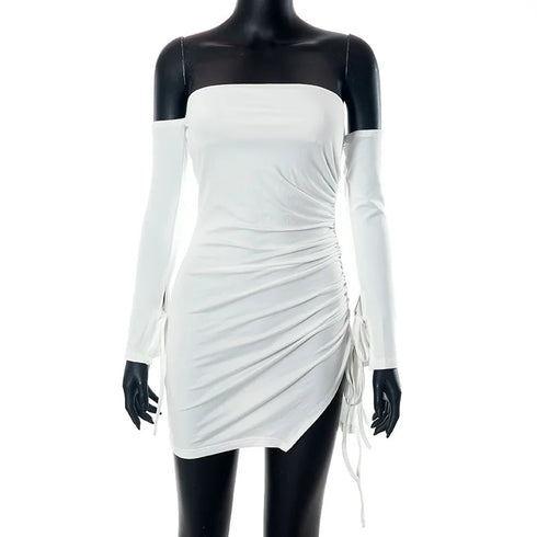 Sexy Off Shoulder Long Sleeve Pleated Tight Fit Dress for Women Party Club Evening